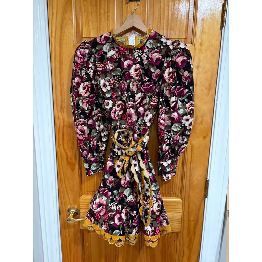 CeliaB Alder Purple Corduroy Floral Dress Yellow Scallop Trim Belted Mini S
